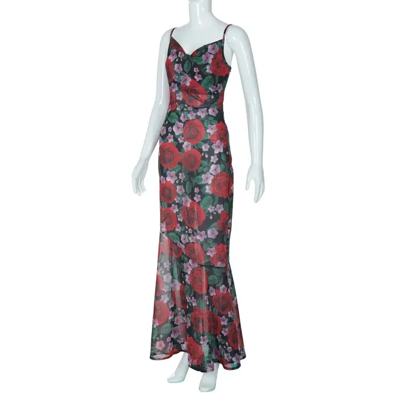 Sexy Sleeveless V Neck Party Club Backless Y2K Beach Sun Floral Dress