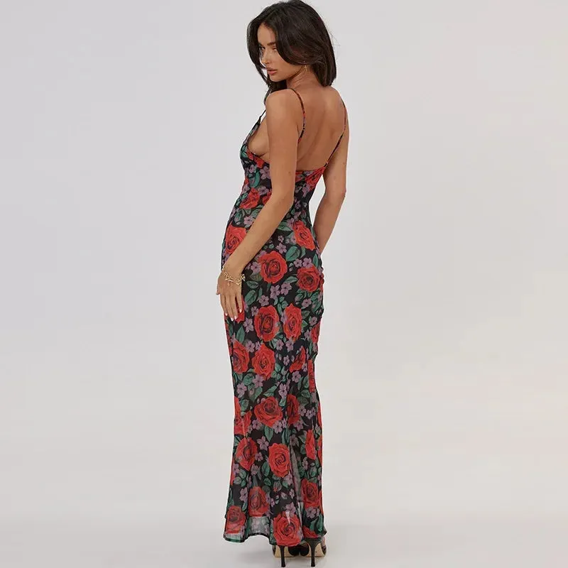 Sexy Sleeveless V Neck Party Club Backless Y2K Beach Sun Floral Dress