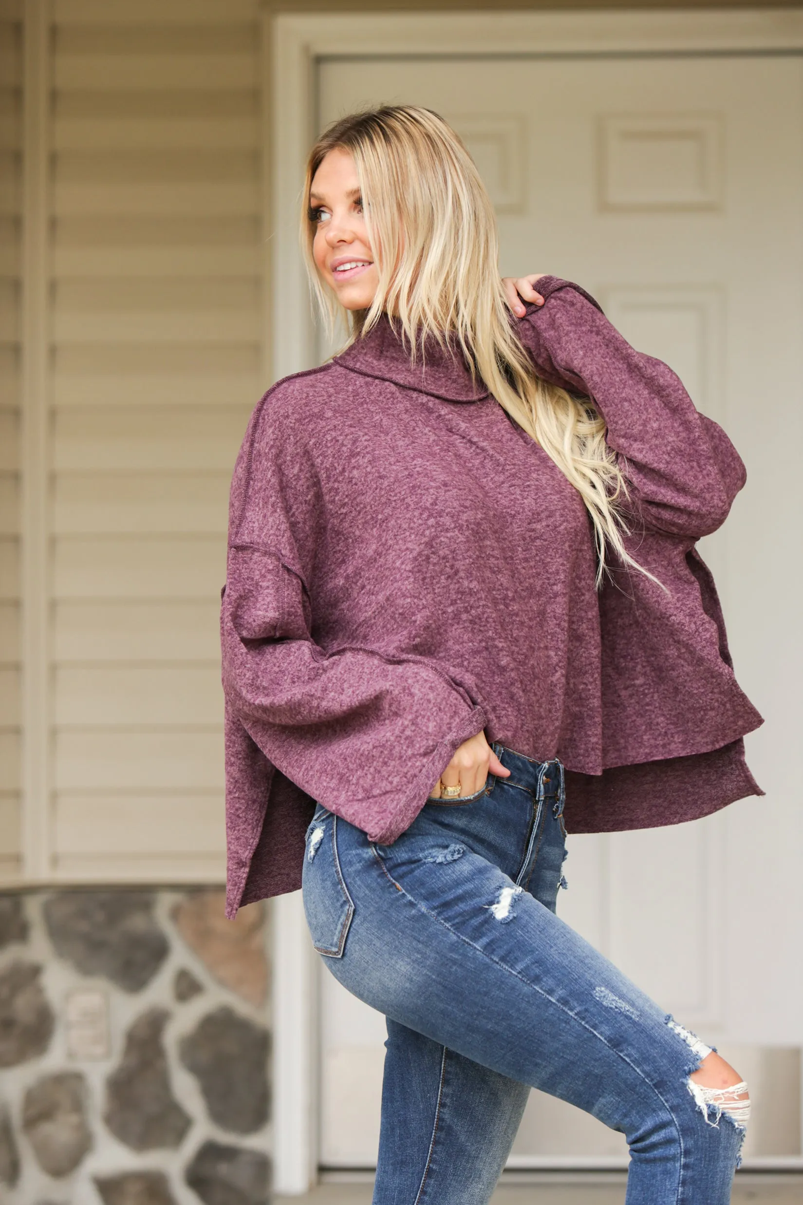 Side Slit Mock Neck Sweater