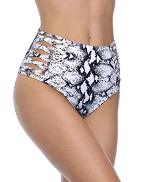 Strappy High Waisted Bikini Bottom Swimsuit For Women-Black And White Snake Print