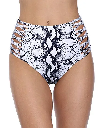 Strappy High Waisted Bikini Bottom Swimsuit For Women-Black And White Snake Print