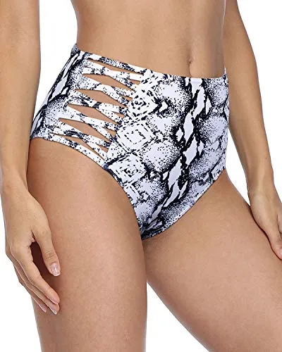 Strappy High Waisted Bikini Bottom Swimsuit For Women-Black And White Snake Print