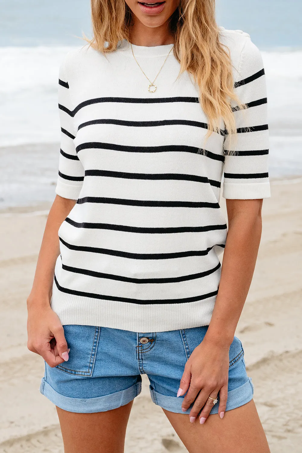 Striped Half Sleeve Knitted Tee