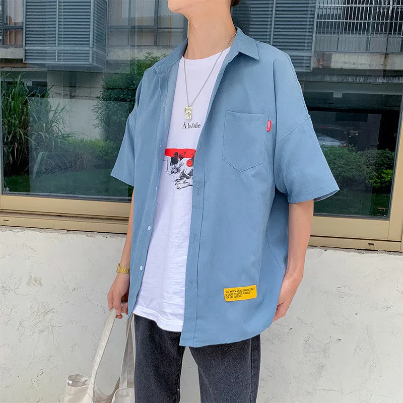 Summer Mid-Length Korean Trendy Short Sleeve Stylish Shirt Loose Couple Hong Kong INS Trendy Men Shirt