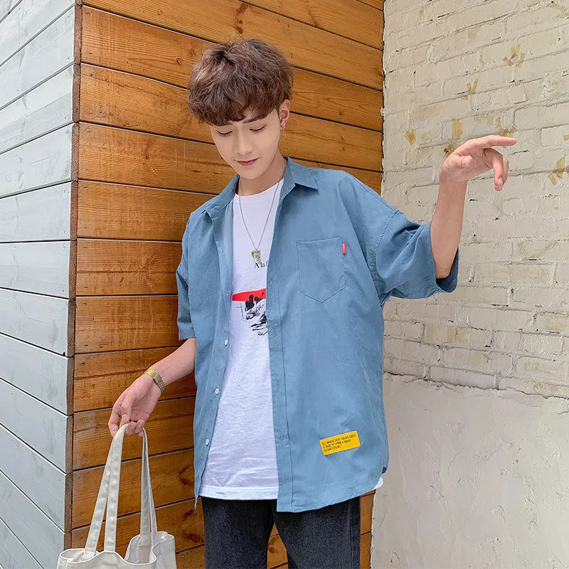 Summer Mid-Length Korean Trendy Short Sleeve Stylish Shirt Loose Couple Hong Kong INS Trendy Men Shirt