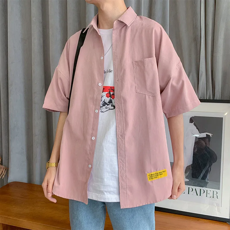 Summer Mid-Length Korean Trendy Short Sleeve Stylish Shirt Loose Couple Hong Kong INS Trendy Men Shirt