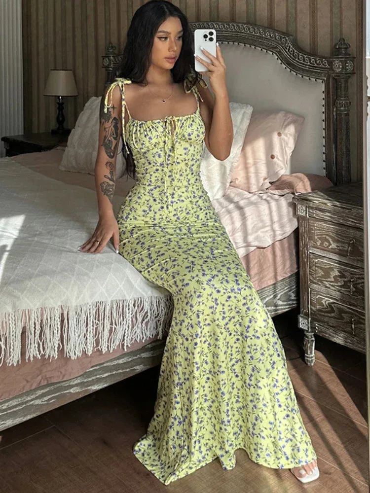 Summer Off Shoulder Lace Up Deep V Neck Floral Dress