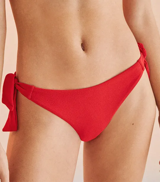 Textured Side Tie Brazilian Bikini Bottoms Red