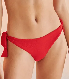 Textured Side Tie Brazilian Bikini Bottoms Red