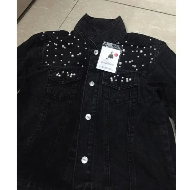 Trendy Denim Loose Pearls Fashion Jacket