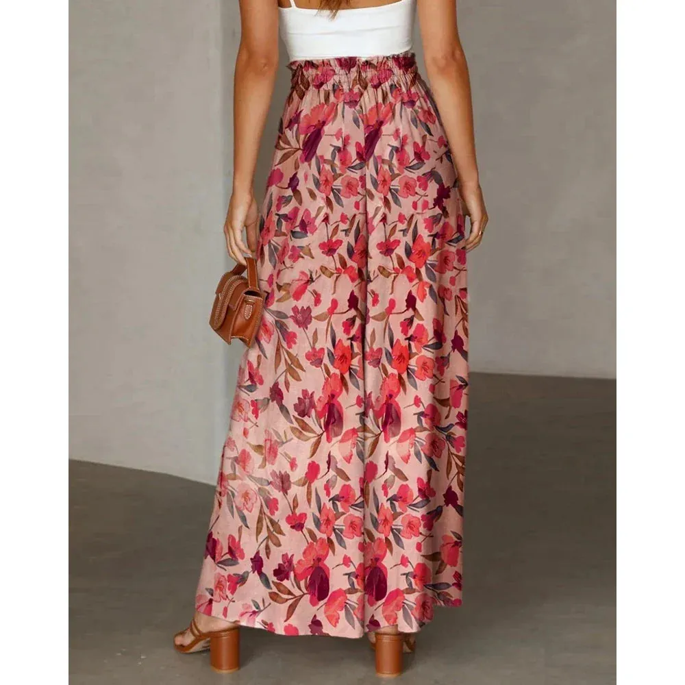 Trendy Floral Print Smocked Waist Pants for Casual Outings