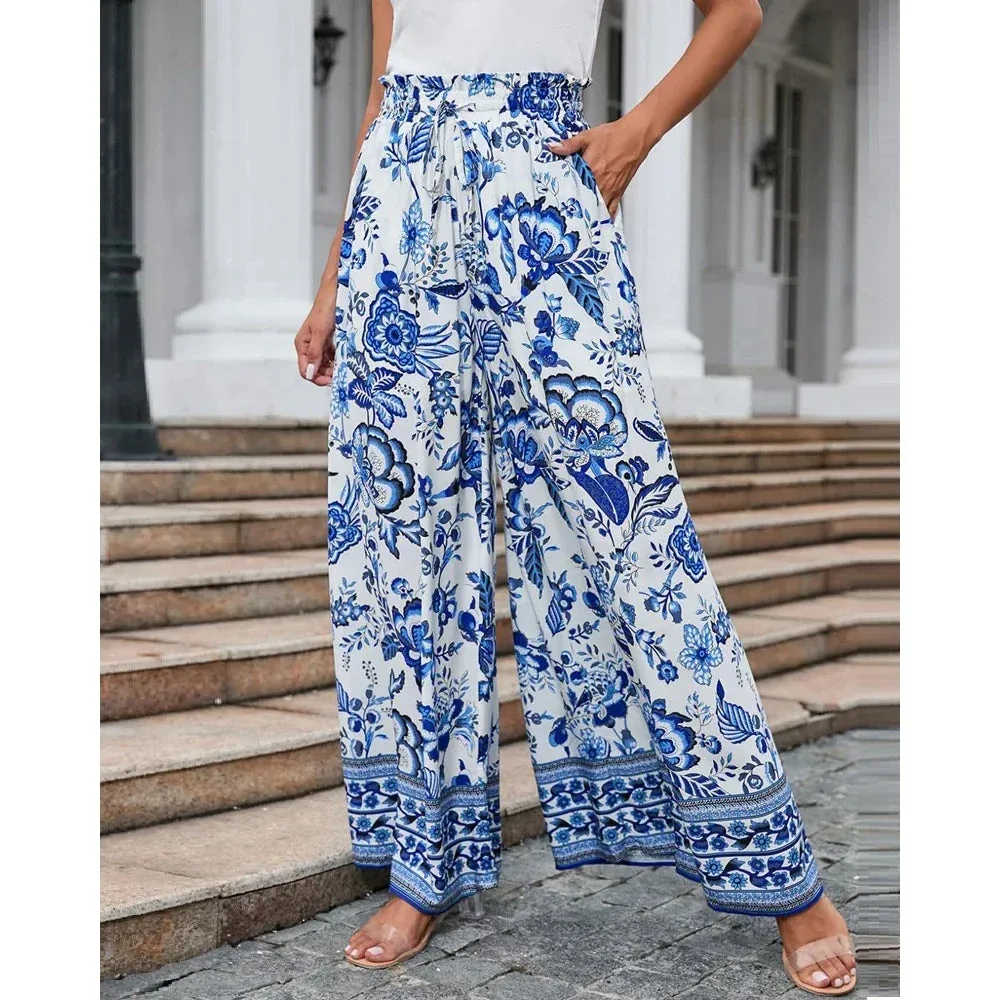 Trendy Floral Print Smocked Waist Pants for Casual Outings