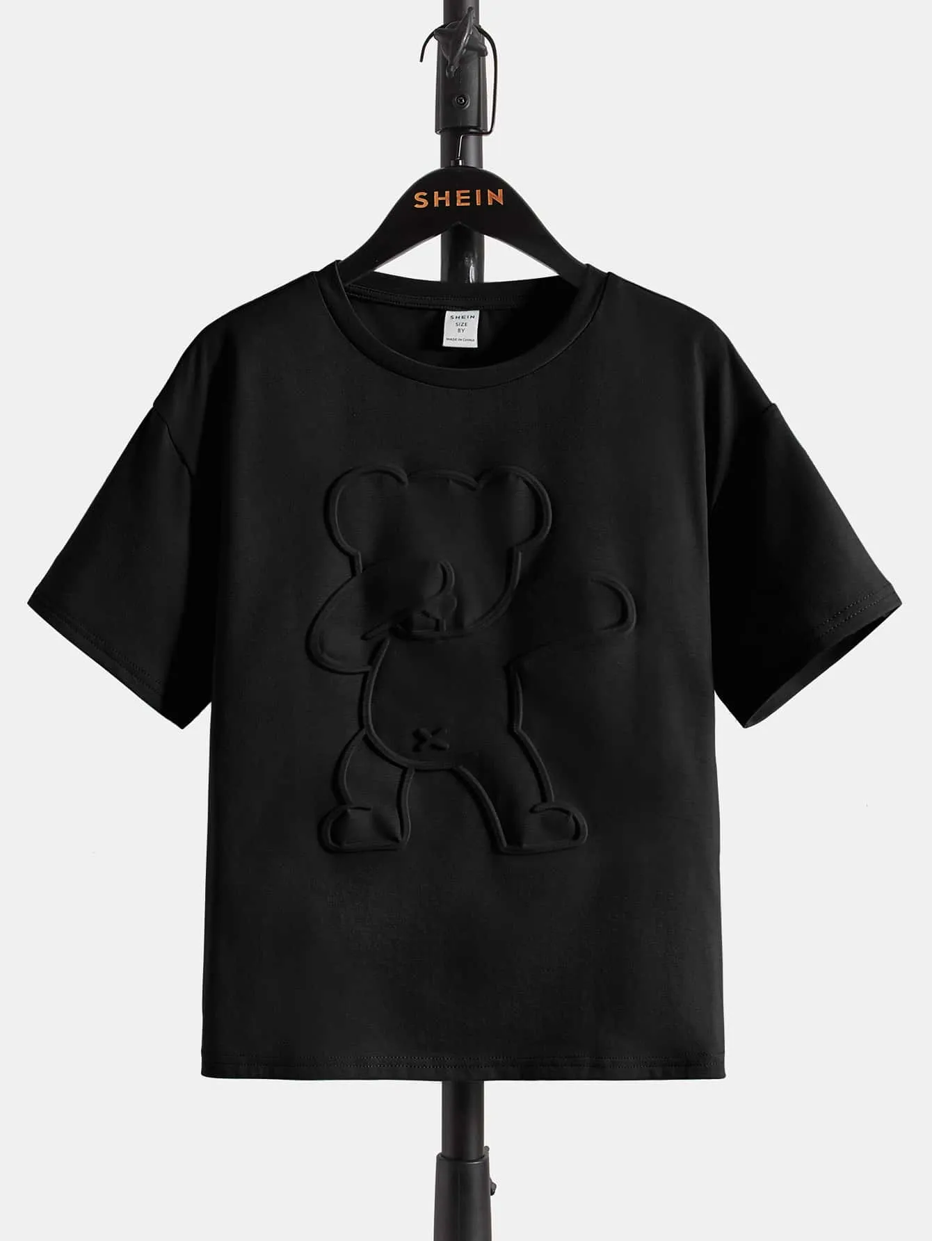 Tween Boys' Casual Bear Embossed T-Shirt, Drop Shoulder, Summer-Ready, Short Sleeve