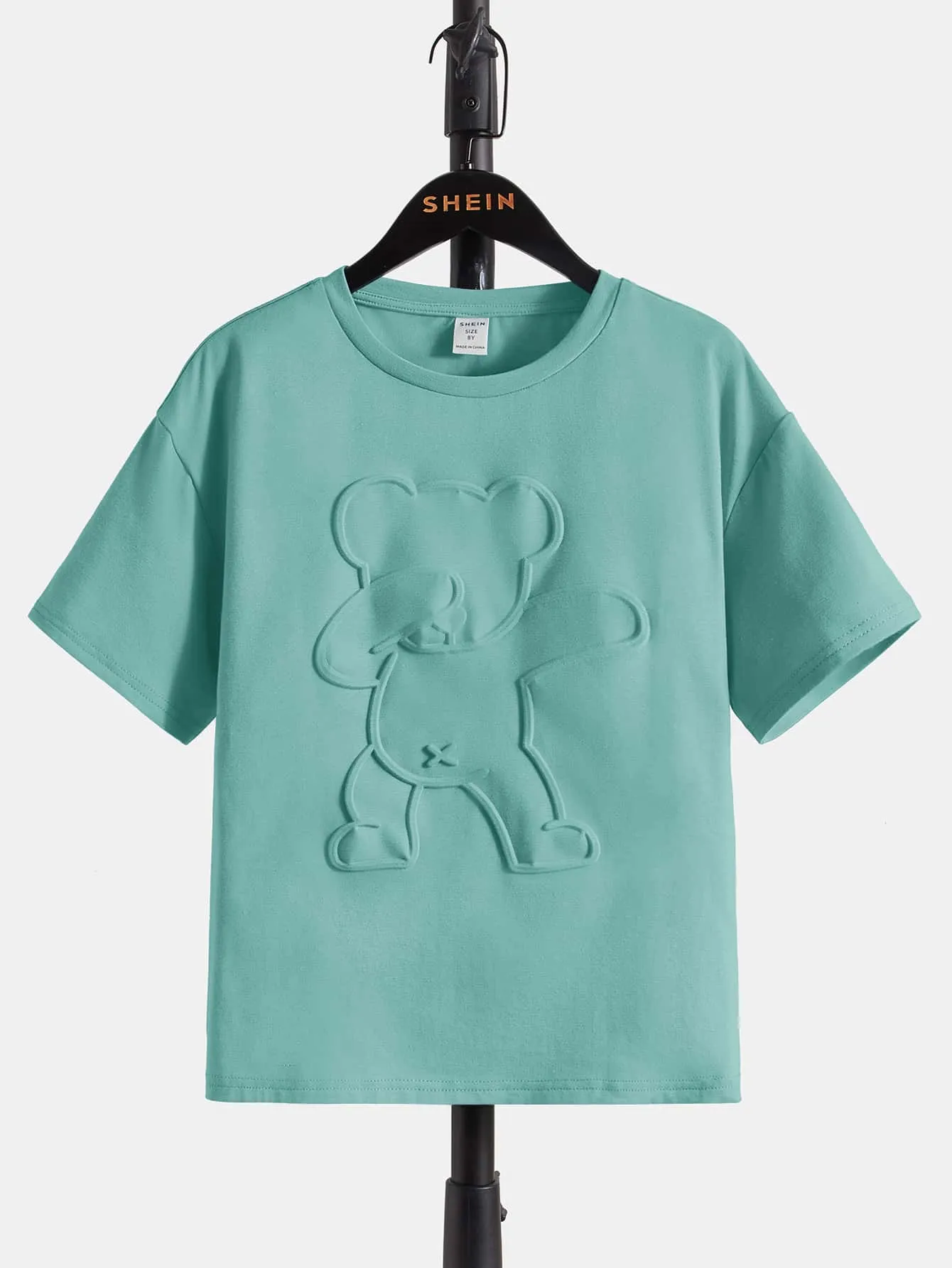 Tween Boys' Casual Bear Embossed T-Shirt, Drop Shoulder, Summer-Ready, Short Sleeve