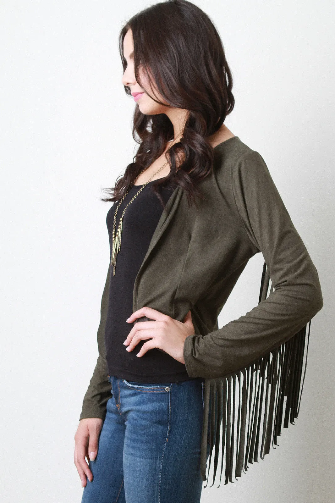 Vegan Suede Fringe Arm Jacket