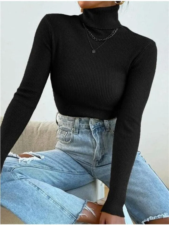 Wenkouban-Spring Casual Outfits Y2K Outfits Turtleneck Ribbed Knit Sweater