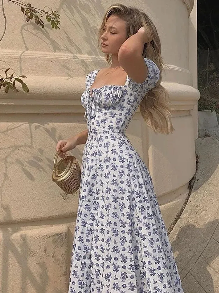 Women's Elegant White Floral Print Summer Dress: Backless, Puff Sleeve, Slit Long Dress