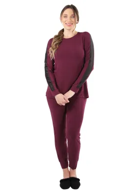 Women's Satin Trim Long Sleeve Matching Pajama Set